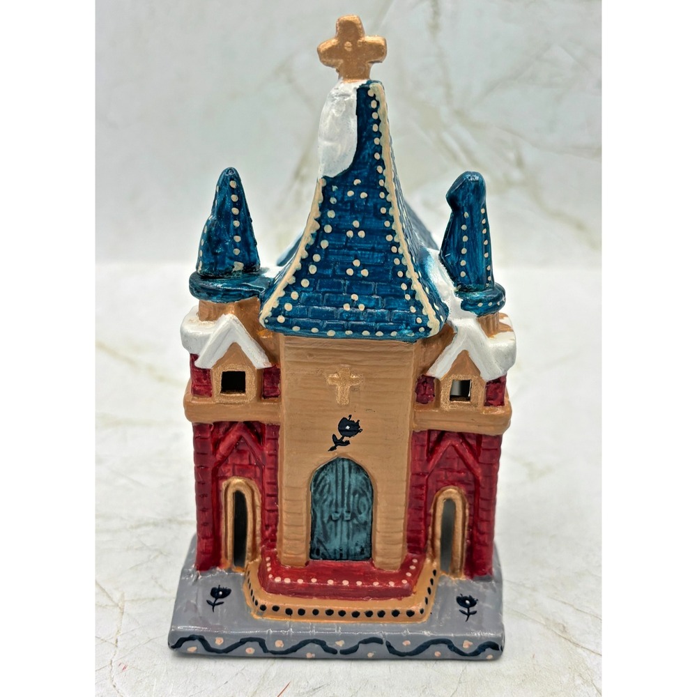 Hand-Painted Folk Art Christmas Ceramic Church Tea Light Holder Signed Upcycled